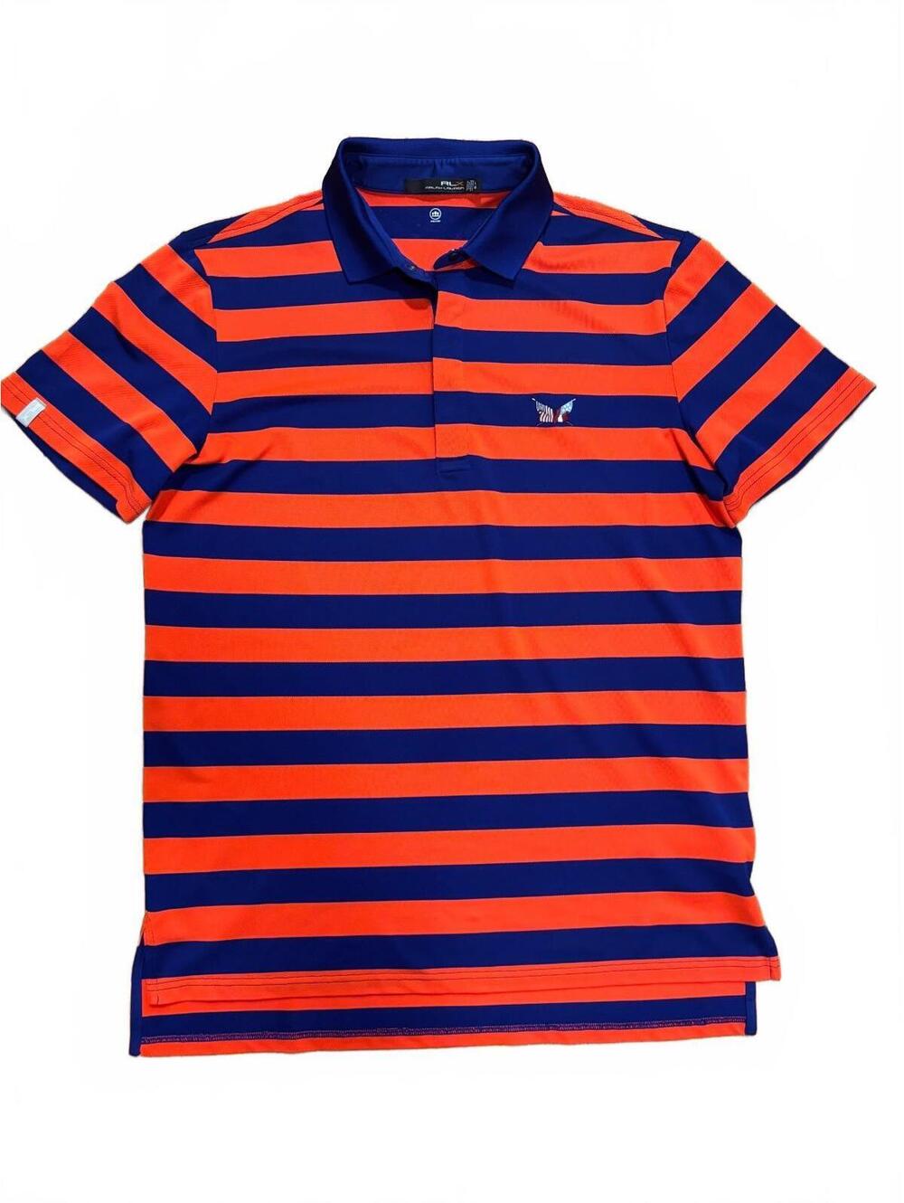 Ralph Lauren RLX Men's Large Striped Polo Shirt in Orange and Navy Blue